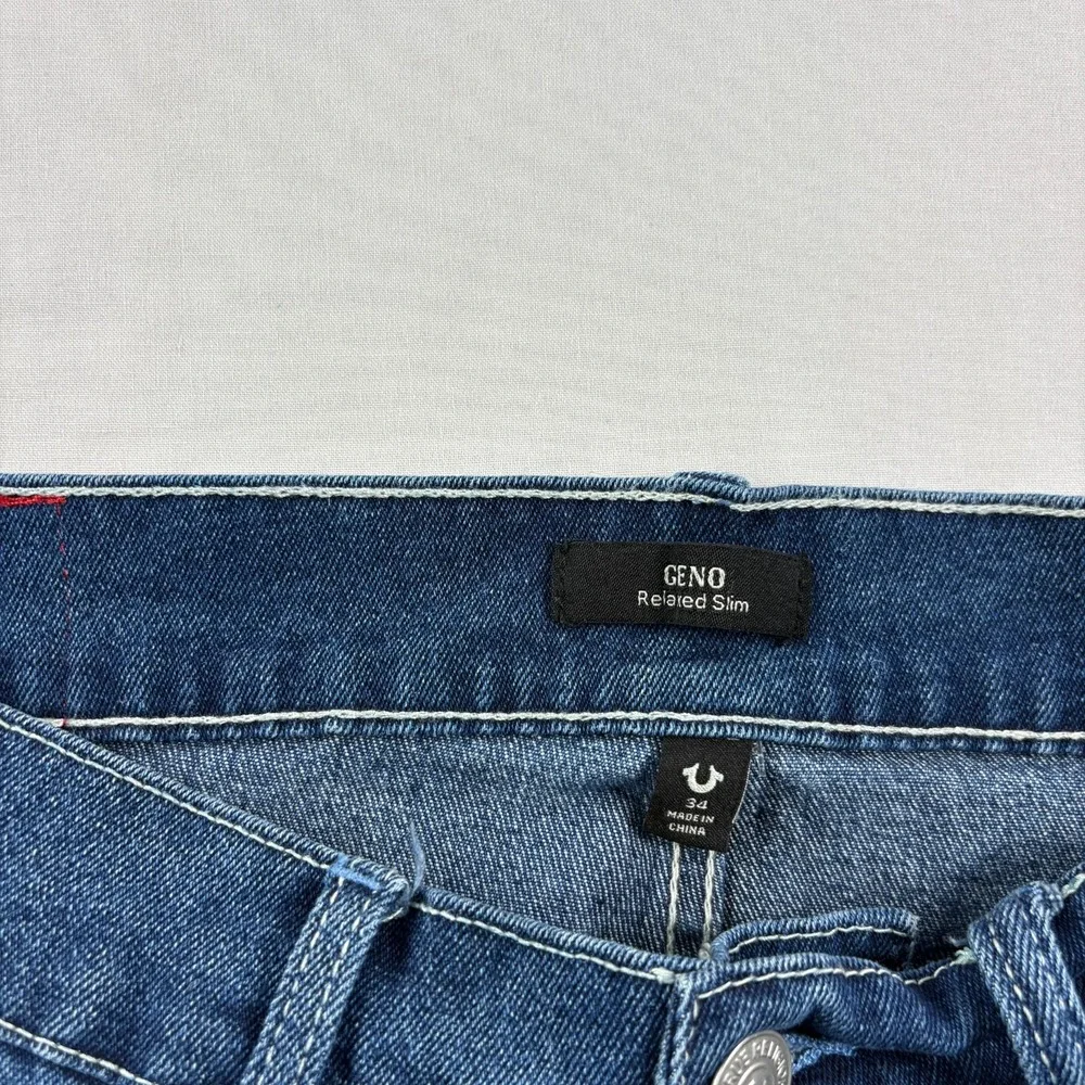 True Religion Jeans Mens 34x32 Blue Geno Relaxed Slim Flap Pockets Stretch Denim